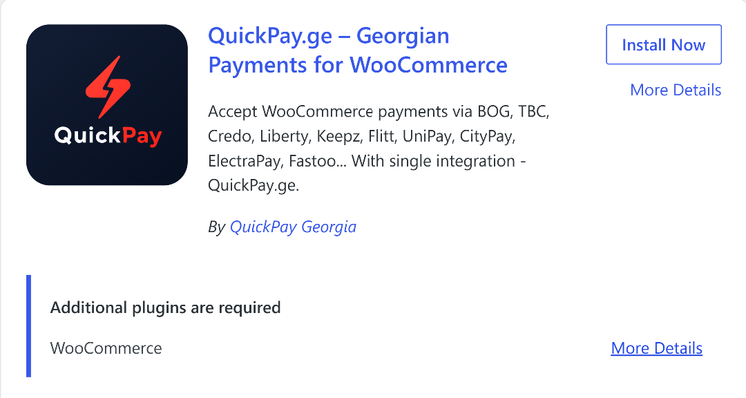 QuickPay.ge დანამატის ჩანაწერი WordPress-ის „Add Plugins“ ძიების შედეგებში